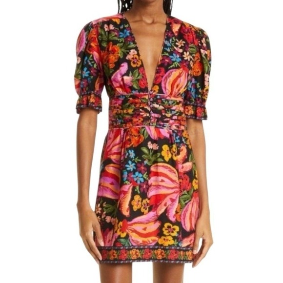 Farm Rio Vibrant Floral Print Bananas Deep V-Neck Puff Sleeve Mini Dress Small - Picture 2 of 9